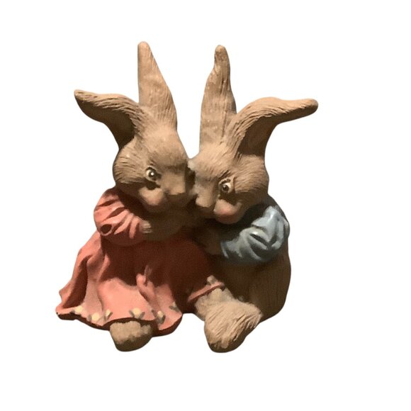Vtg Resin Rabbit Pair Hand Painted Figurine Girl and Boy Bunnies 4" x 4" - Picture 5 of 5